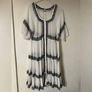 Sundance Sea La Vie Dress White Black Embroidery Cotton Gauze Button Front SizeS